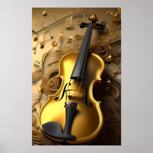 Vintage Gold Violin On Gold Musical Cords, Poster