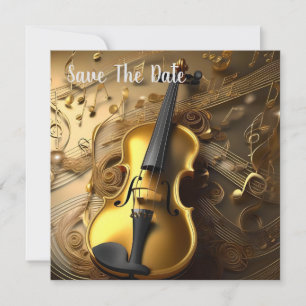Vintage Gold Violin On Gold Musical Cords, Save The Date