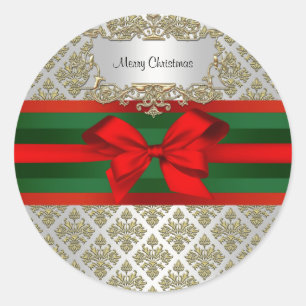 Vintage Gold White Damask 3 Red Green Ribbon Xmas Classic Round Sticker