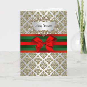Vintage Gold White Damask 3 Red Green Ribbon Xmas Holiday Card