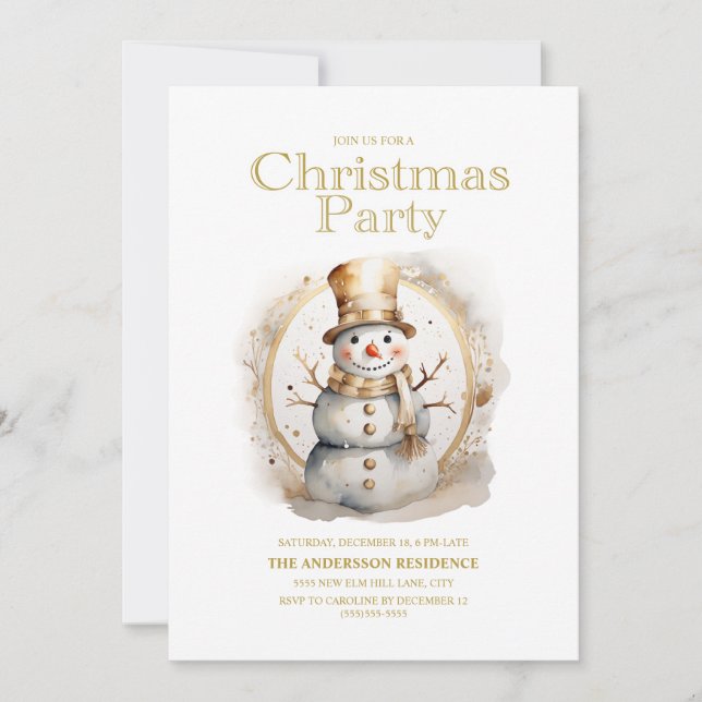 Vintage Gold White Snowman Christmas Party Invitation (Front)