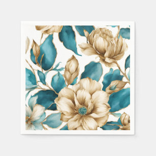 Vintage Gold White Teal Floral Pattern Flower Napkin