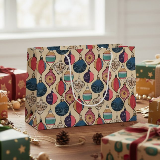 Vintage Gold Xmas Ornaments Large Gift Bag (Elegant Vintage Red & Gold Ornaments Christmas Gift Bags in Blush Pink. Rustic Xmas Pattern in Gold)