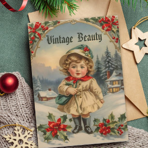 Vintage Golden Adorable Girl in Frame Christmas Holiday Card