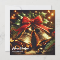 Vintage golden Christmas bells and holly berry