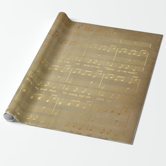Vintage Golden Christmas Sheet Music Wrapping Paper (Unrolled)