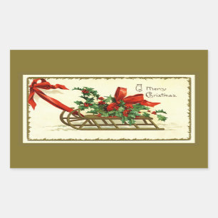 Vintage Golden Christmas Sleigh Rectangular Sticker