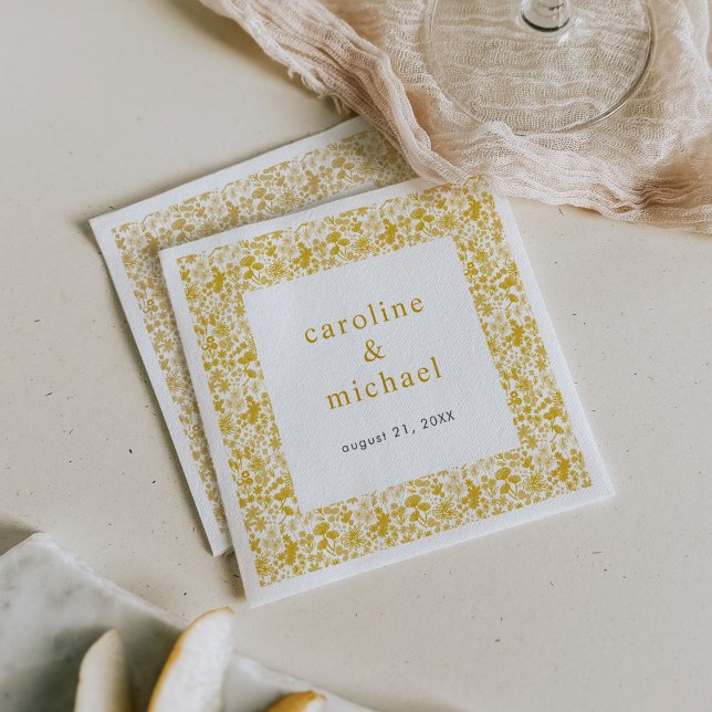 Vintage Golden Ditzy Floral Wedding Cocktail Napkin (Gold ditzy florals wedding paper napkins.)