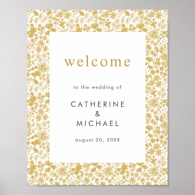 Vintage Golden Ditzy Floral Wedding Poster (Front)