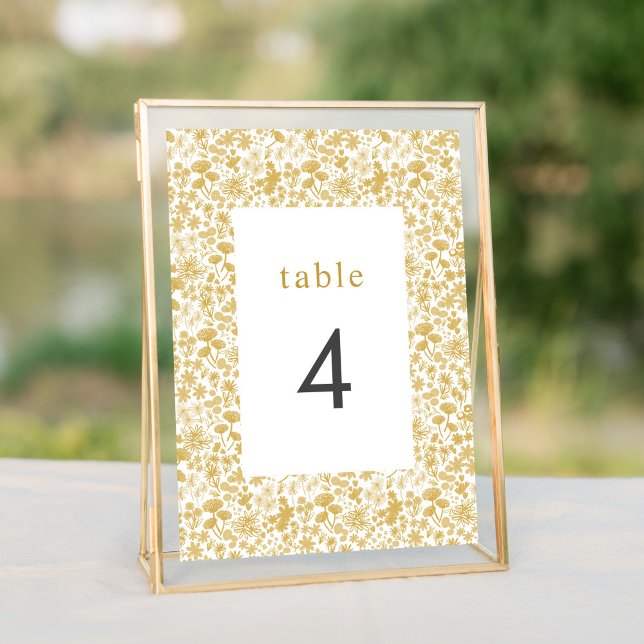 Vintage Golden Ditzy Floral Wedding Table Numbers (Golden watercolor ditzy floral wedding suite elegant table number sign.)