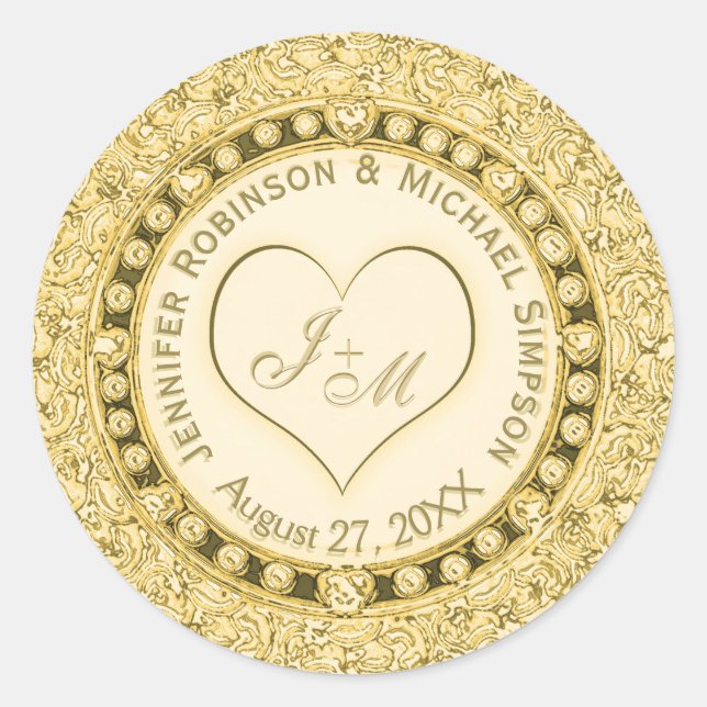 Vintage Golden Faux Foil Heart Classic Round Sticker (Front)
