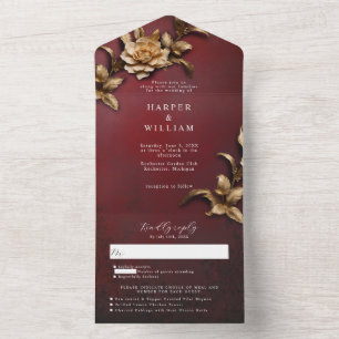 Vintage golden foliage rsvp attached wedding all in one invitation