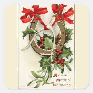 Vintage Golden Horseshoe Wishbone Christmas Square Sticker