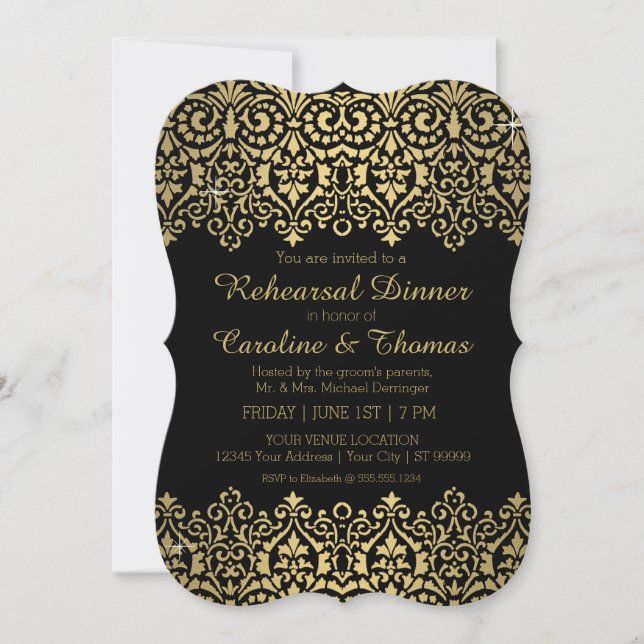 Vintage Golden Lace Elegant Rehearsal Dinner Party Invitation (Front)
