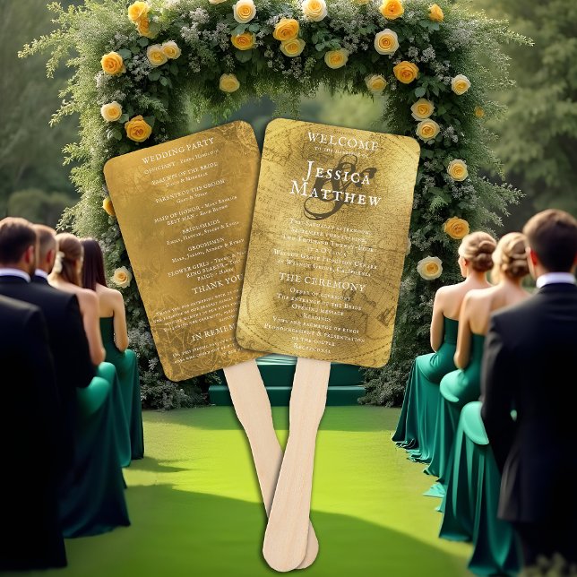 Vintage Golden Map Wedding Program Hand Fan (Vintage Golden Map Wedding Program Hand Fan. The people are AI Gen.)
