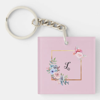 Vintage Golden Multicolored Flowers Monogram Text  Key Ring
