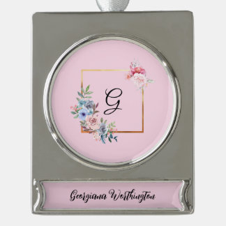 Vintage Golden Multicolored Flowers Monogram Text  Silver Plated Banner Ornament