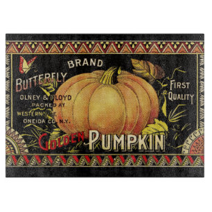 Vintage Golden Pumpkin Crate Label: Antique Fall Cutting Board