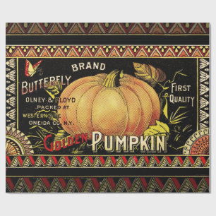 Vintage Golden Pumpkin Crate Label: Antique Fall Wrapping Paper