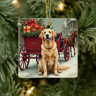 Vintage Golden Retriever Christmas Carriage Illust Ceramic Ornament