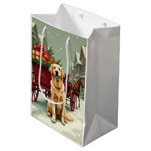 Vintage Golden Retriever Christmas Carriage Illust Medium Gift Bag