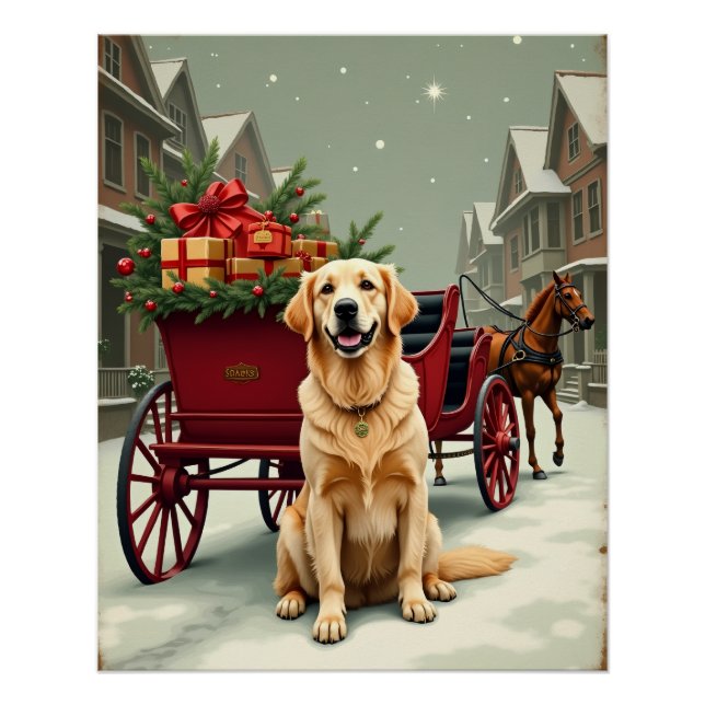 Vintage Golden Retriever Christmas Carriage Illust Poster (Front)