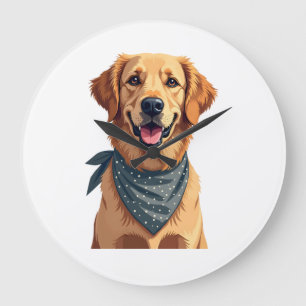 Vintage Golden Retriever Portrait with Colourful B Large Clock