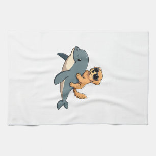 Vintage Golden Retriever Riding Beluga Whale Funny Tea Towel