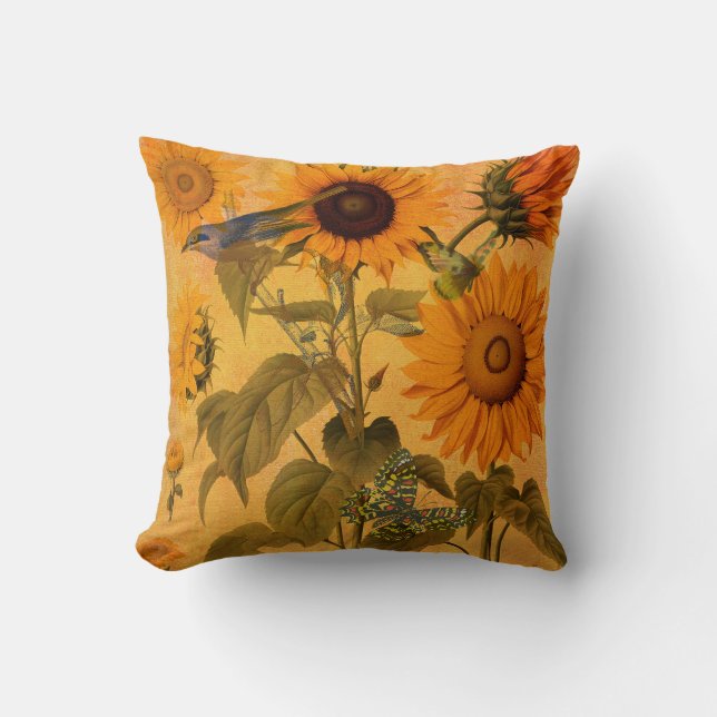 Vintage Golden Sunflower Collage Cushion (Front)