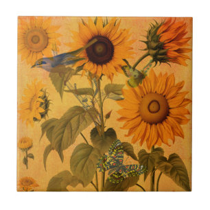 Vintage Golden Sunflower Collage Tile