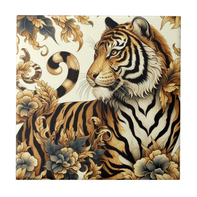 Vintage Golden Tiger Painting Tile (Front)