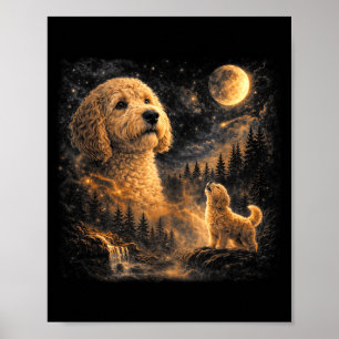 Vintage goldendoodle howling to the moon 90s retro poster