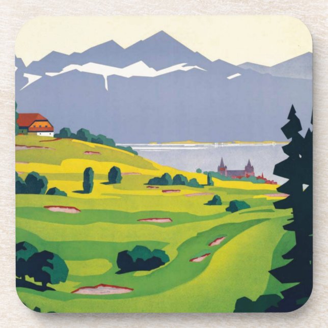 Vintage Golf Lausanne City Lake Switzerland Coaster (Front)