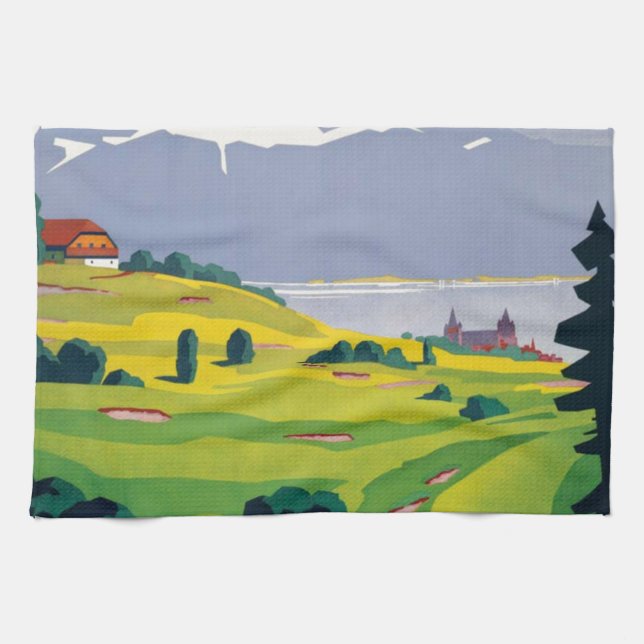 Vintage Golf Lausanne City Lake Switzerland Tea Towel (Horizontal)