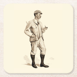 Vintage Golfer with Tobacco Pipe and Boots Square Paper Coaster