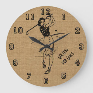 Vintage Golfing for Girls Faux Burlap Decorative Large Clock
