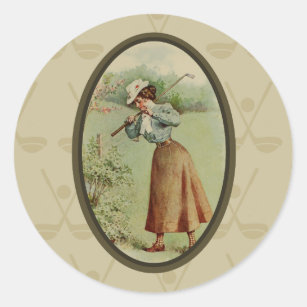 Vintage Golfing Lady Art Classic Round Sticker