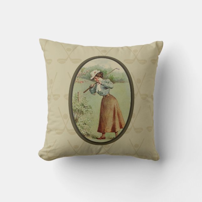 Vintage Golfing Lady Art Cushion (Front)