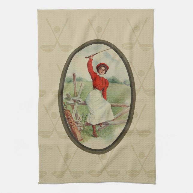 Vintage Golfing Lady Art (two) Tea Towel (Vertical)