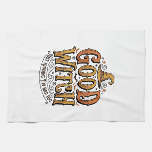 Vintage Good Witch Halloween Typography Design_1 Tea Towel