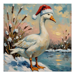 Vintage Goose with Santa Hat by Frozen Christmas Poster