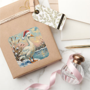 Vintage Goose with Santa Hat by Frozen Christmas Square Sticker