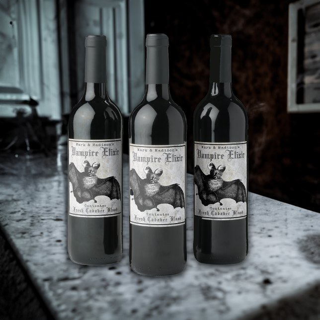 Vintage Goth Bat Halloween Vampire Elixir  Wine Label (A vintage bat Vampire Elixir Wine Label for your Halloween Party.)