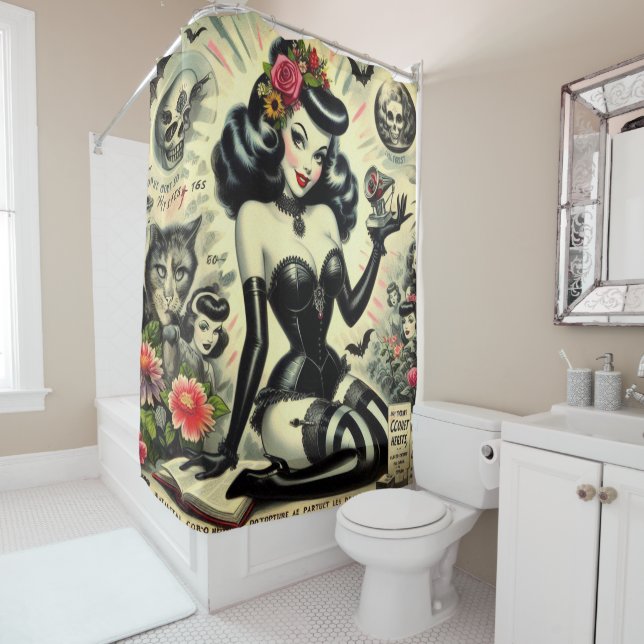 Vintage Goth Girl Illustration Shower Curtain (In Situ)