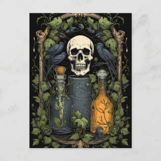 Vintage Goth Skeleton Skull Raven Poison Halloween Postcard