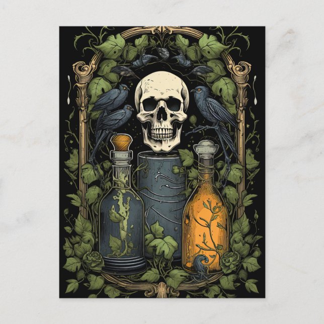 Vintage Goth Skeleton Skull Raven Poison Halloween Postcard (Front)
