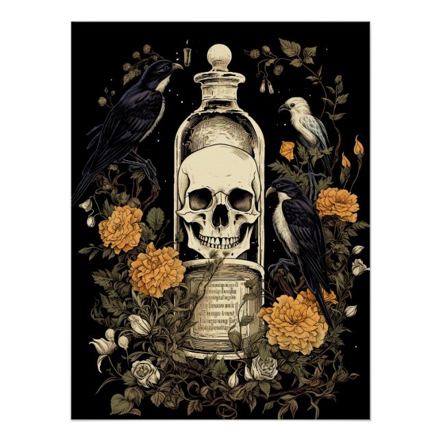 Vintage Goth Skeleton Skull Raven Poison Halloween Poster (Front)
