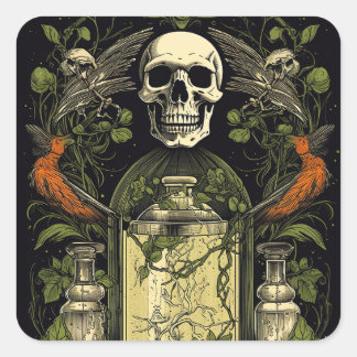 Vintage Goth Skeleton Skull Raven Poison Halloween Square Sticker