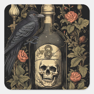 Vintage Goth Skeleton Skull Raven Poison Halloween Square Sticker