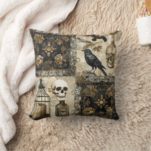 Vintage Goth Skulls and Birdcages Cushion